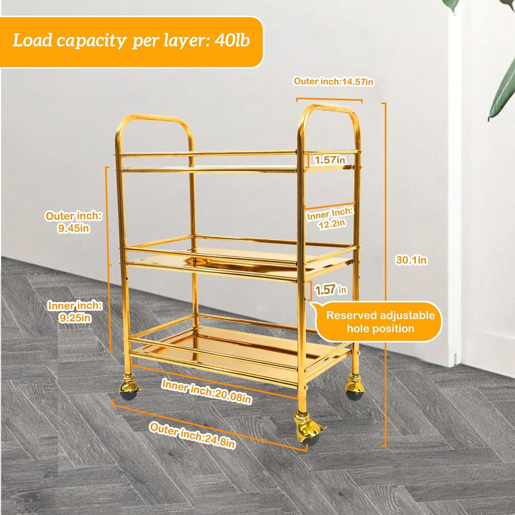 End Table,3-Tier Stainless Steel with Upgrade Wheels | Gold Rolling Cart Kitchen Snacks Coffee Side Table Bar Cart