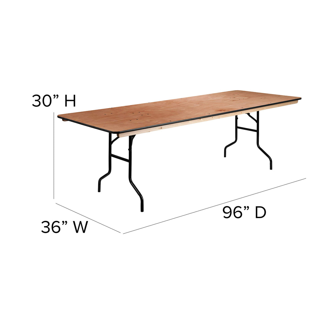 Fielder 8' Rectangular All-Occasion Wood Folding Event Table, Foldable Portable Banquet Table with Wooden Top