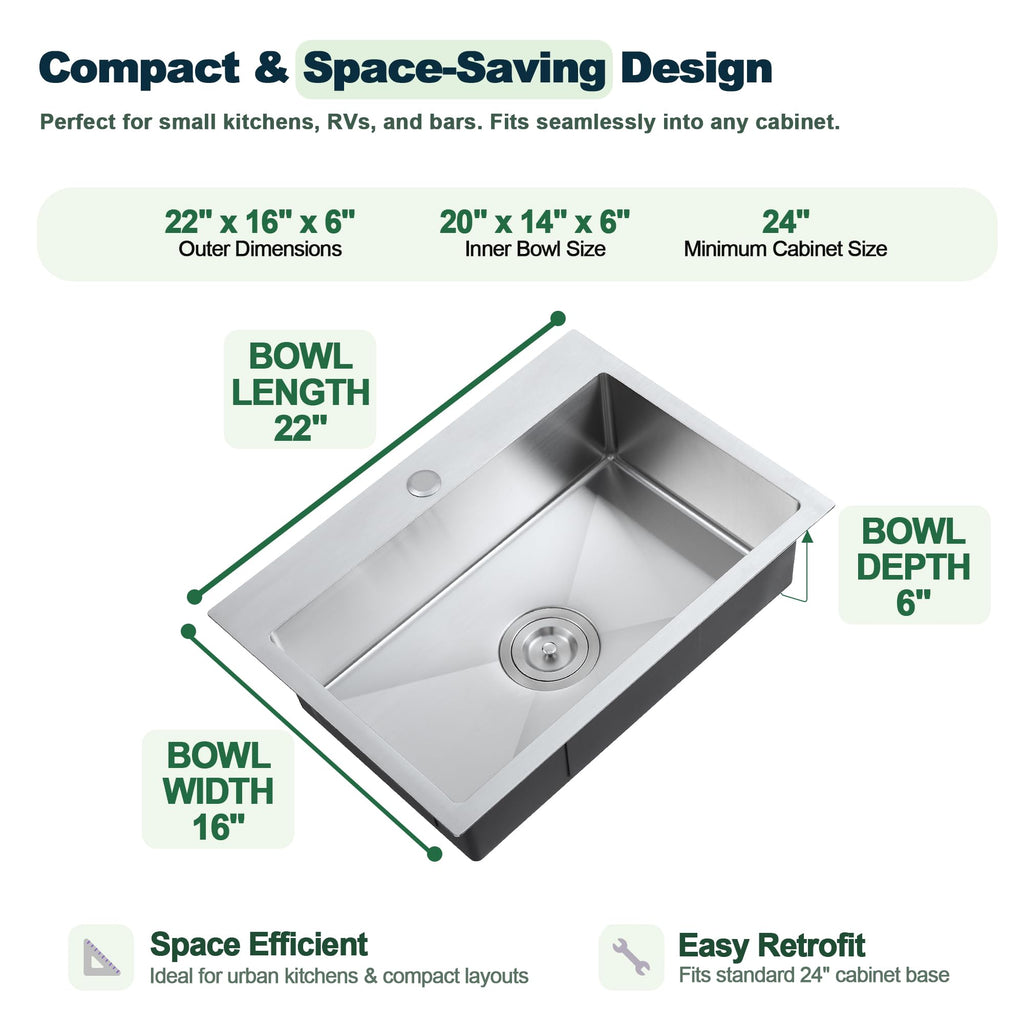 22 x 16 inch Kitchen Sink, Drop-in Tight Radius Brushed Stainless Steel Topmount Kitchen Sink Single Bowl