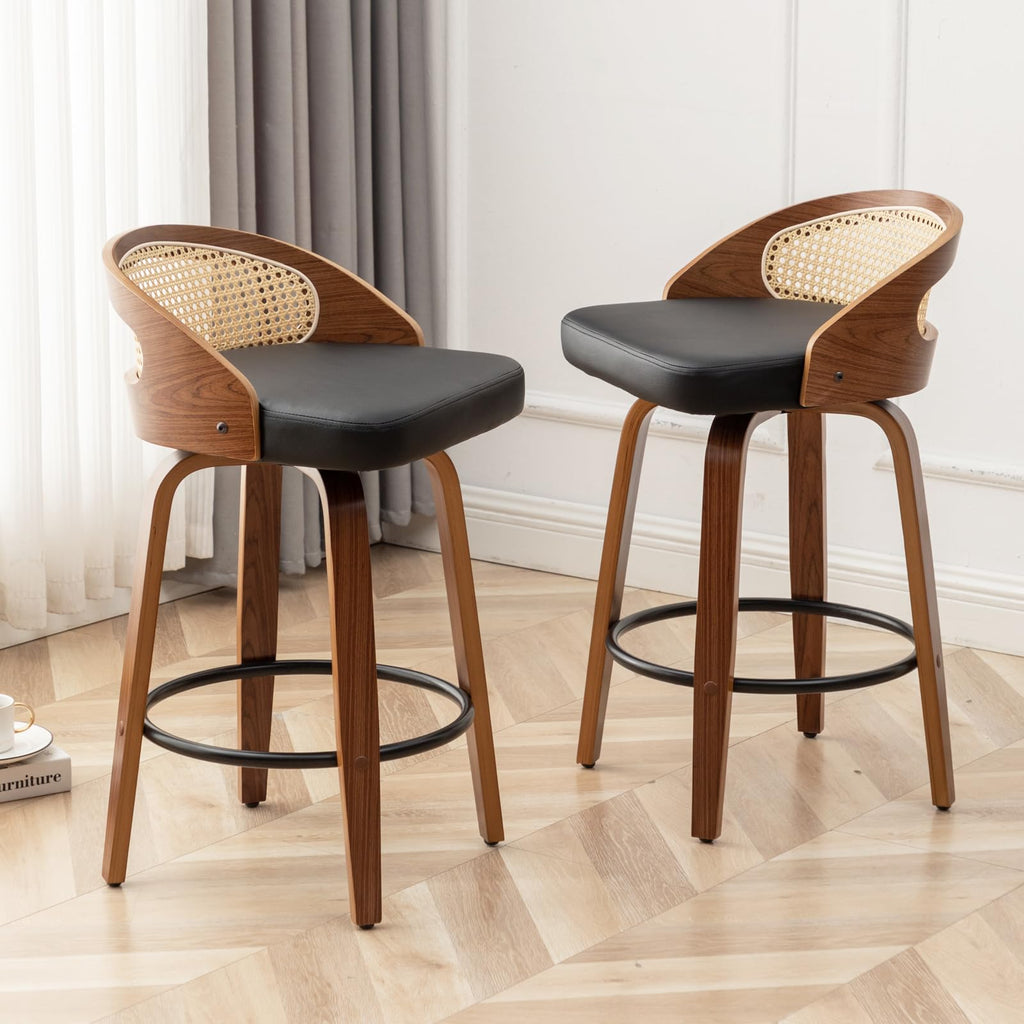 30" Swivel Rattan Bar Stools, Mid-Century Modern Faux Leather Upholstered Bar Height Stools Kitchen Island Barstool