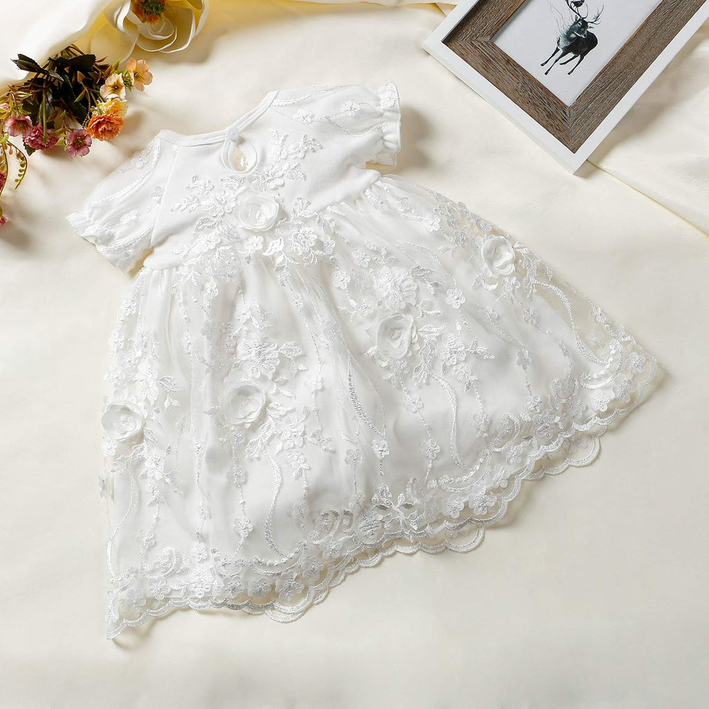 Baby Girls Christening Baptism Dress Delicate Embroideried Lace Gowns with Bonnet for Wedding Party