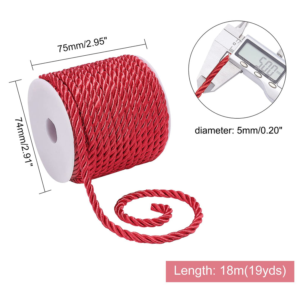Red Silk Rope 3-Ply Christmas Cording 5mm Twisted Cord Rope Cord Trim Braided Twisted Rope for Christmas - 19.6 Yard