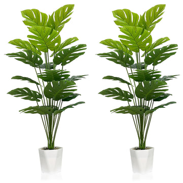 Set of 2 Artificial Monstera Deliciosa Plants in Pots, Fake Tropical Palm Tree with Greenery Leaves Stems, 43 Inch