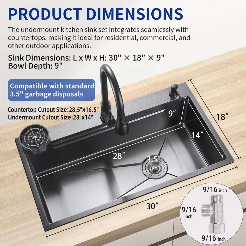 Stainless Steel -Single Bowl | 30 Inch Undermount | Free Three-Way Fitting Included for Unified Water Outlets