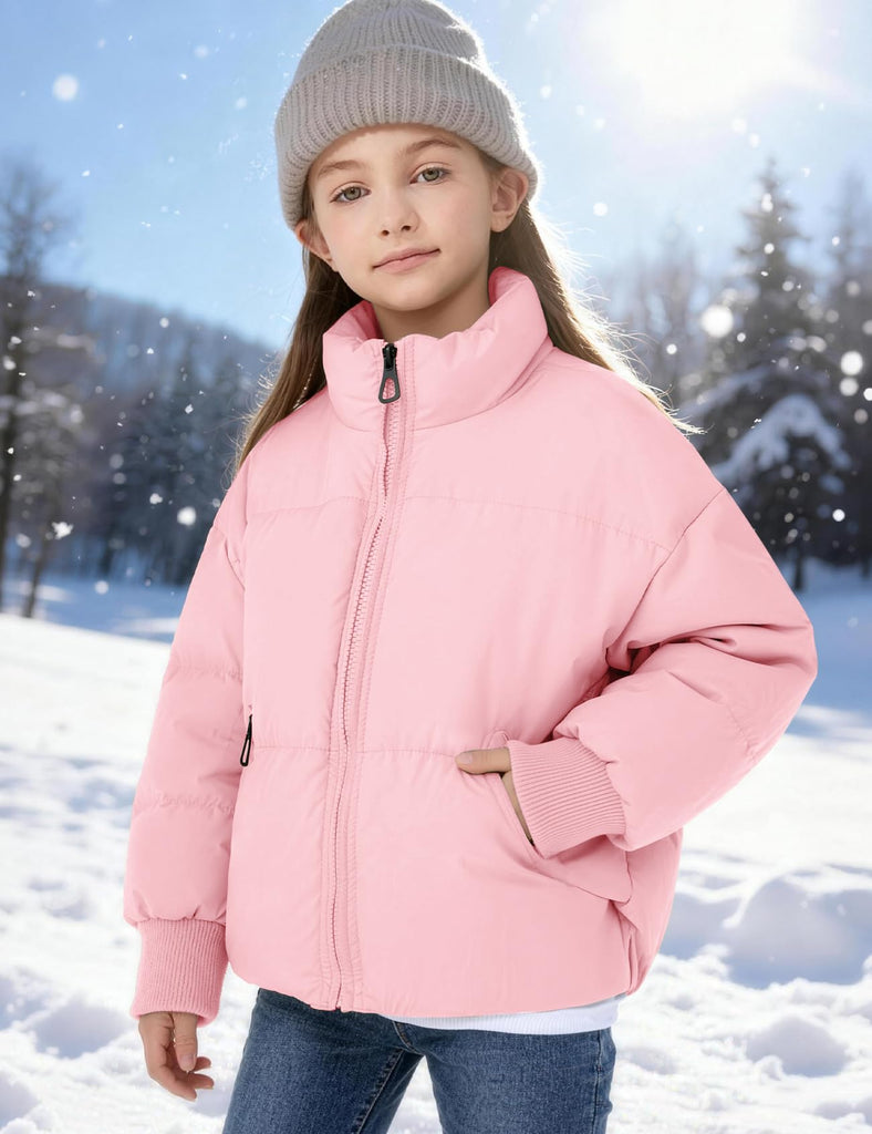 Girls Winter Puffer Jacket Warm Short Kids Zip up Long Sleeve Puffy Quilted Jackets Coat Outerwear (Pink-M)