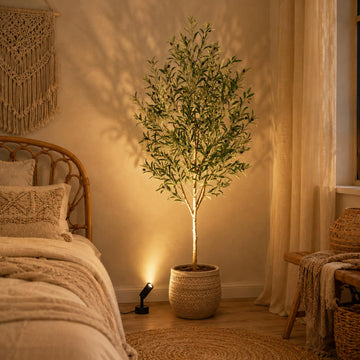 7ft Faux Olive Tree with Warm White Spotlight & Real Wood Trunk, 84in Artificial Olive Tree with Lifelike Fruits &