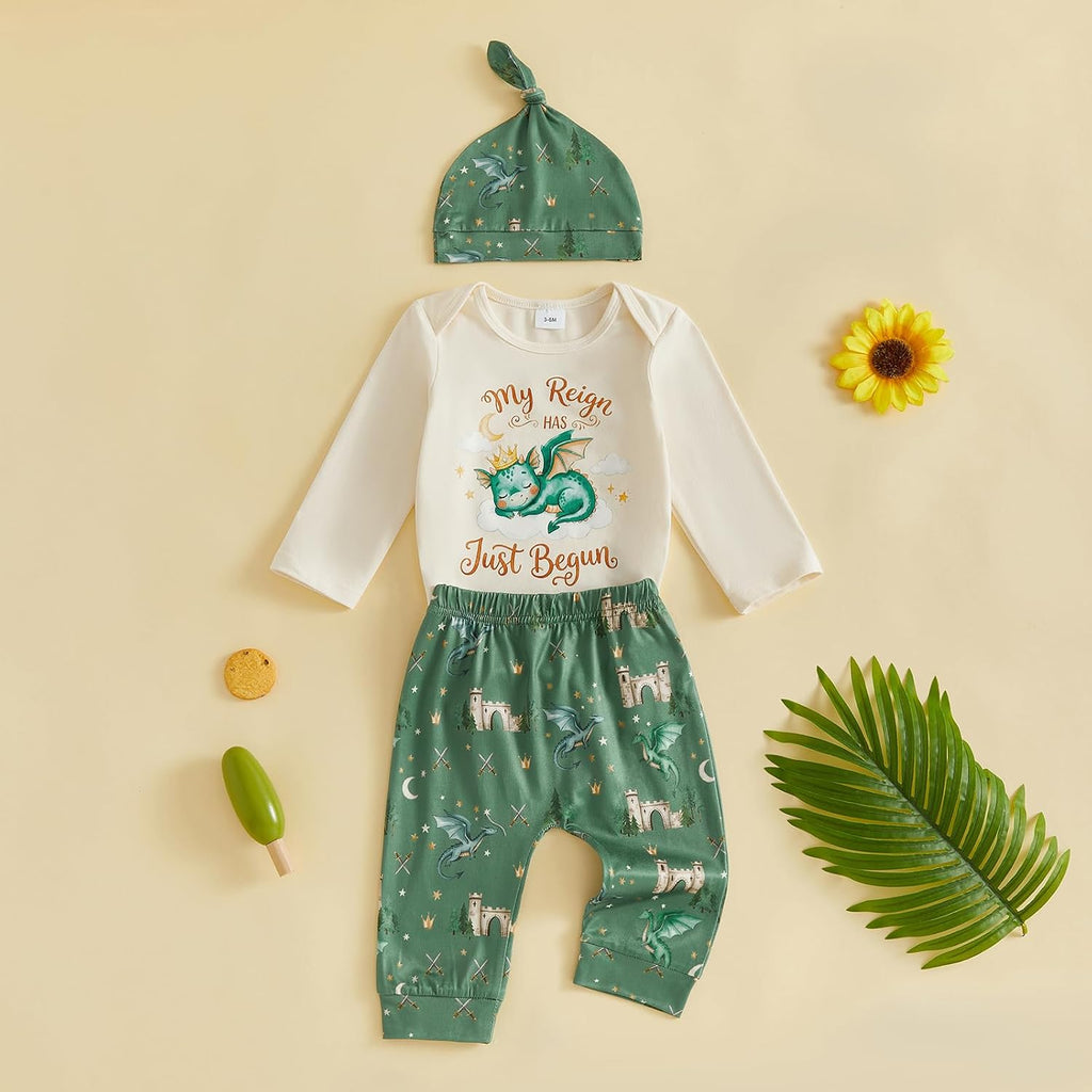 Newborn Baby Boy Fall Clothes Dragon Bear Romper Pants Set with Hat