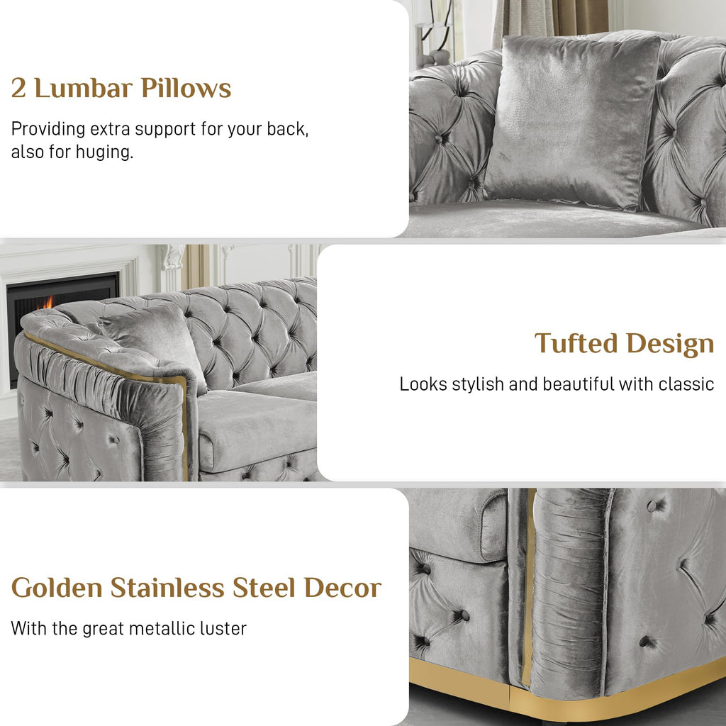 84.6" Chesterfield Sofa with Tufted Back and Gold Accents, Grey
