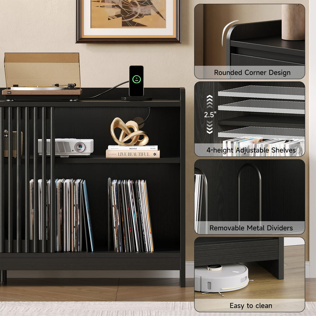 48" Record Player Stand w/Flip-Out Storage Cabinet, Sliding Door