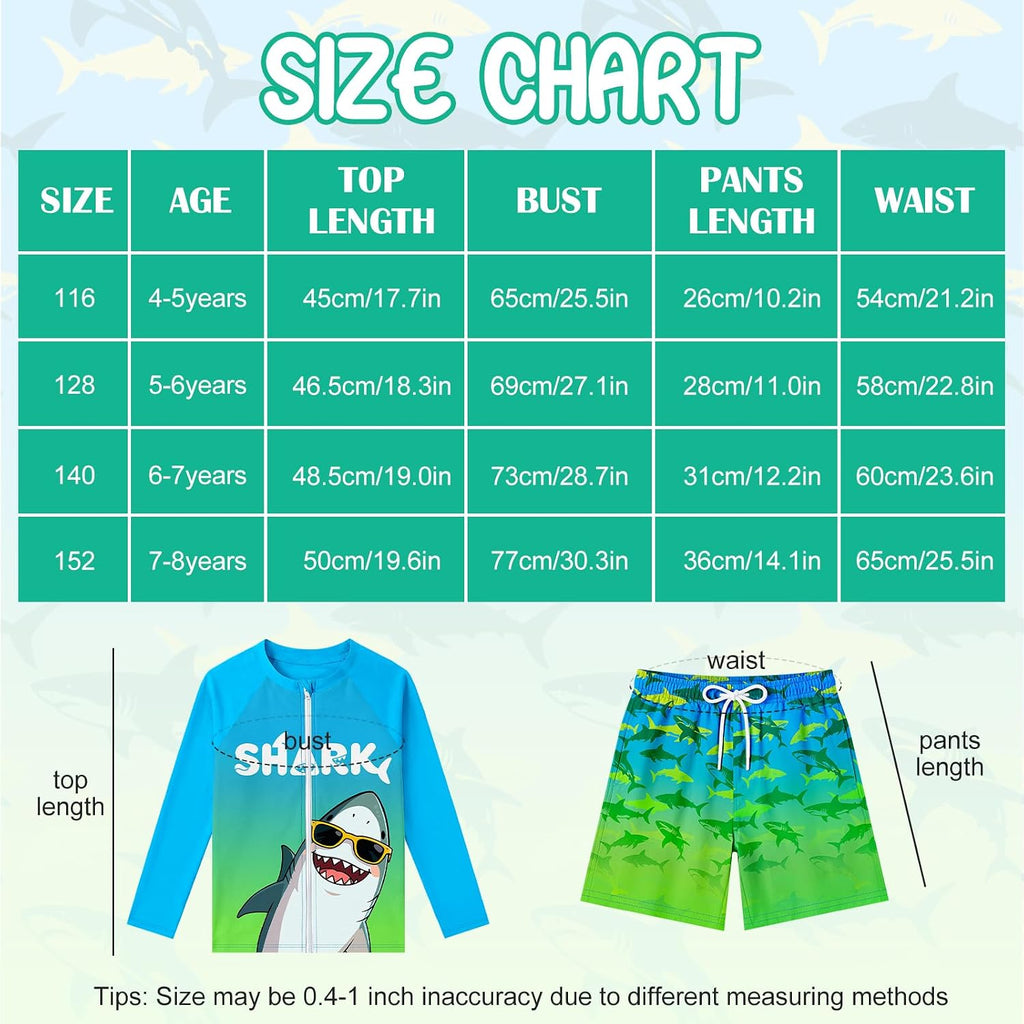 Boys Two Piece Rash Guard Swim Set with Swim Trunks Boys Bathing Suit Long Sleeve Zip Quick Dry Swim Shirt Swimsuit