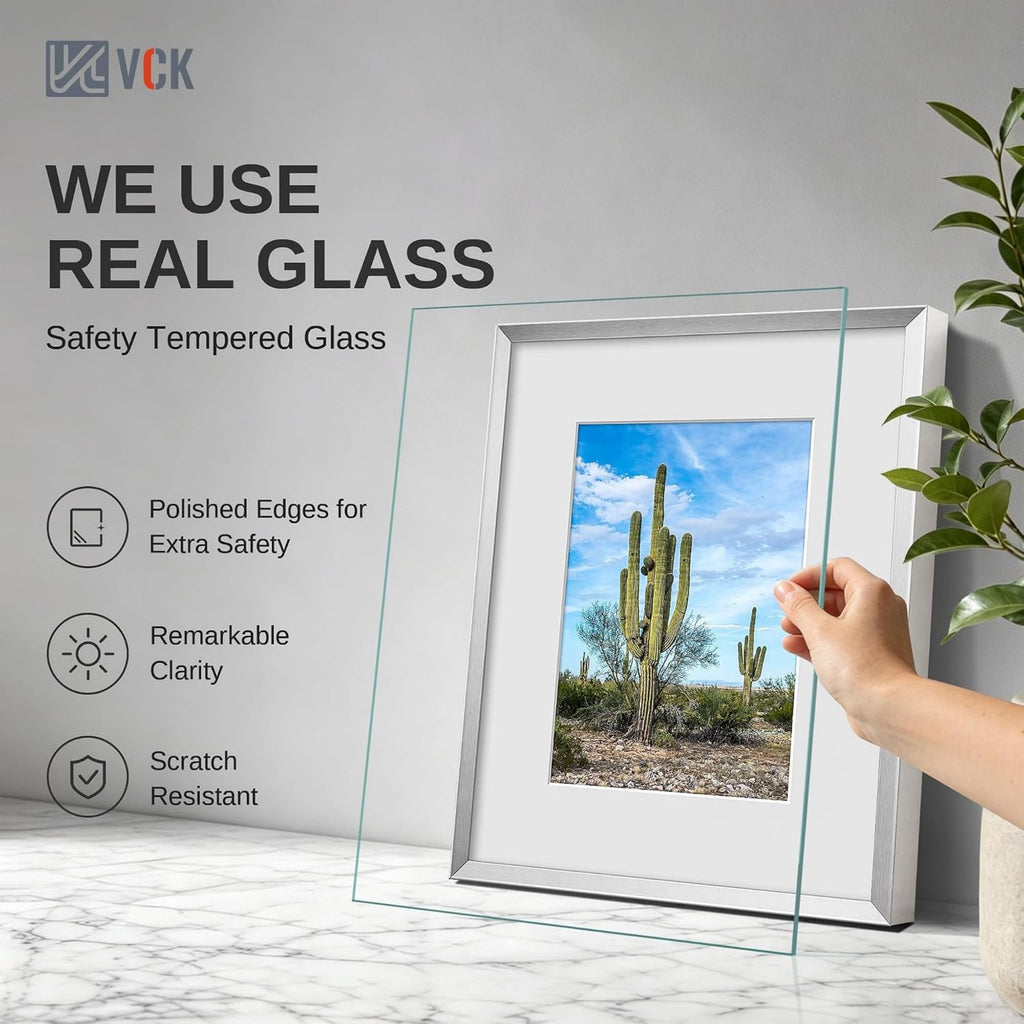 8x10 Picture Frame Silver, Modern Aluminum Metal Frame with Tempered Glass, Display Photo 5x7 with Mat or 8 by 10