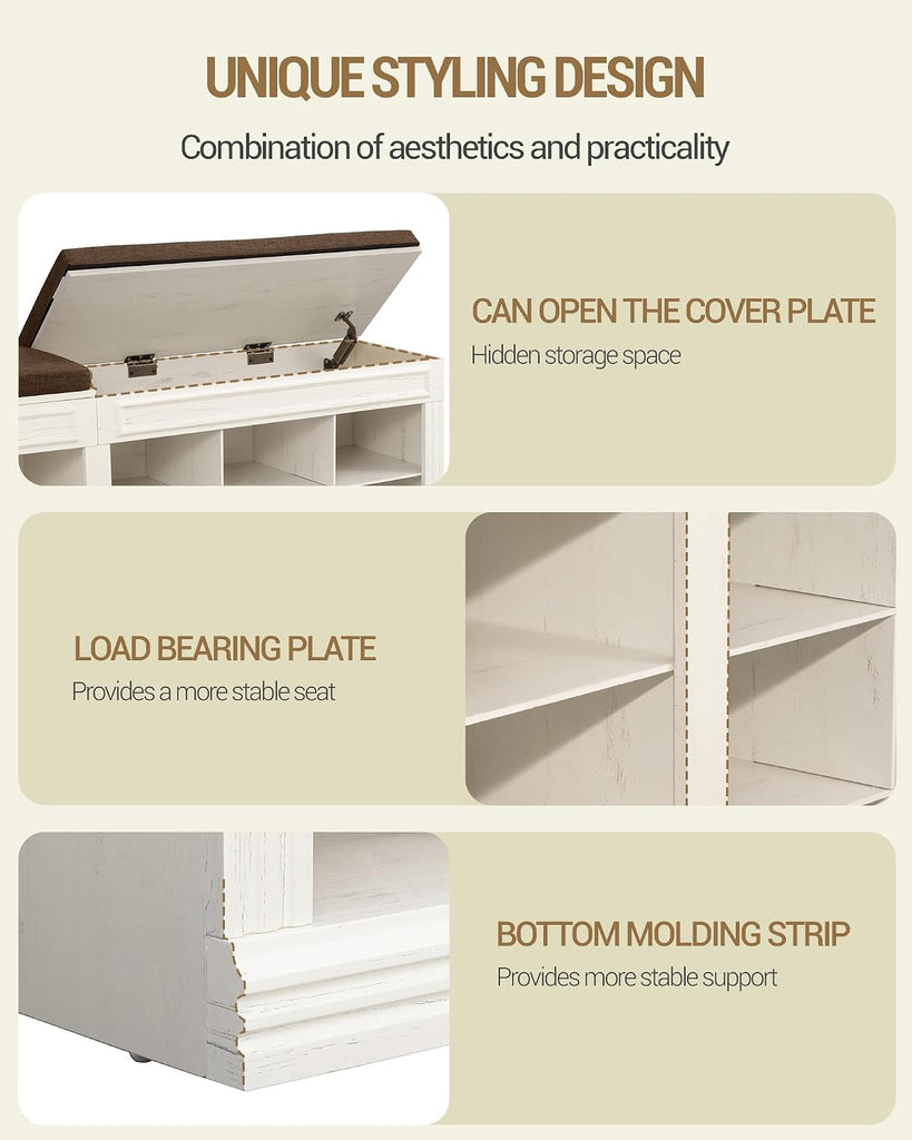 Shoe Bench with Cushion, Farmhouse Storage Bench with 18 Cubbies & Hidden Storage Space, Large Capacity Organizer