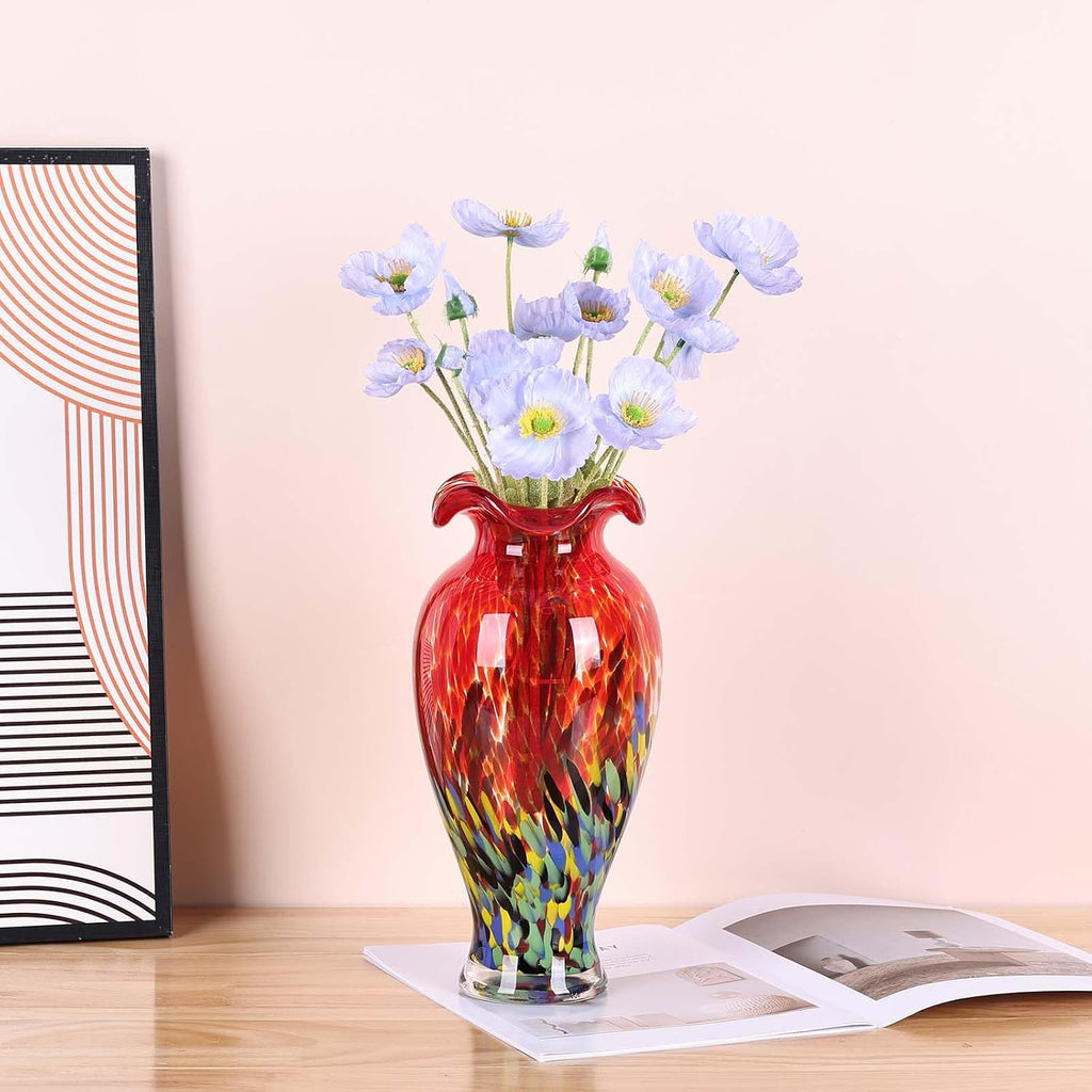 12.2H Murano Hand Blown Glass Vase, Ruffled Scalloped Rim Wide Mouth Colorful Decorative Flower Vase, Large Glass