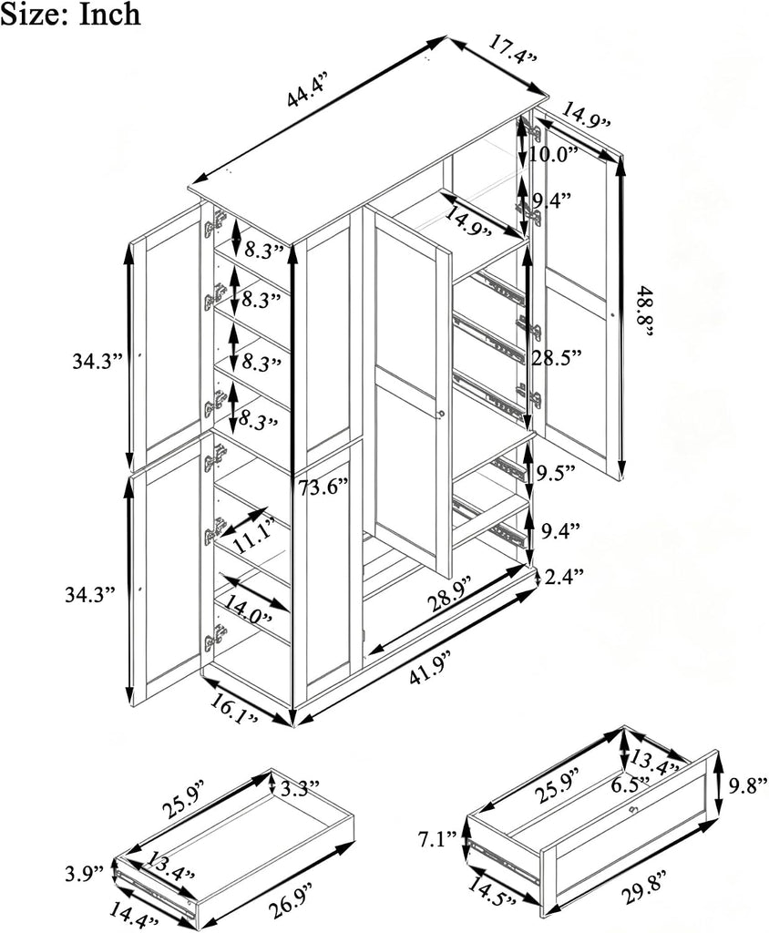 73.6" Tall Farmhouse Kitchen Pantry Cabinet with 7 Shelves, 2 Drawers, 3 Pull-Out Trays, 6 Doors and Side Cabinets
