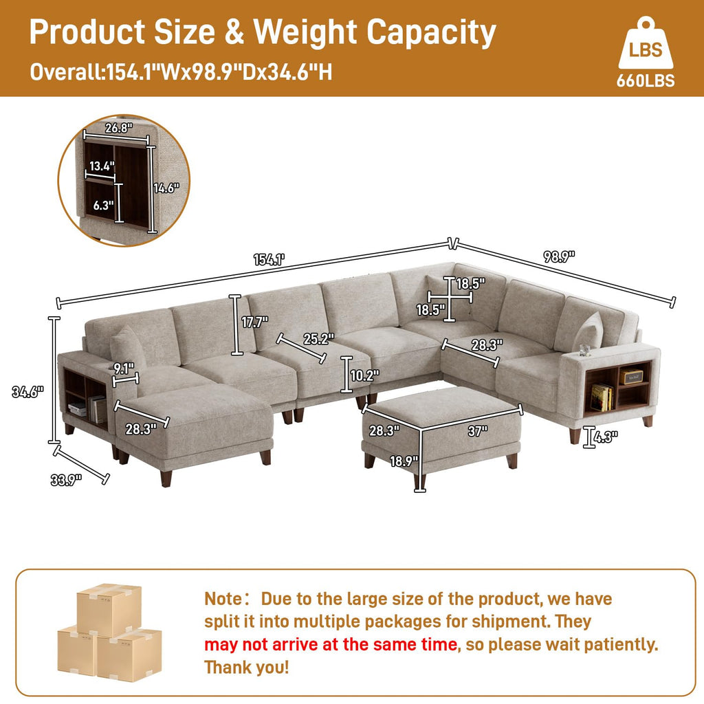 Oversized Modular Sectional Sofa, 9-Seat Deep Seat Sofa with Ottoman, USB Ports, Hidden Cup Holders, Side Storage