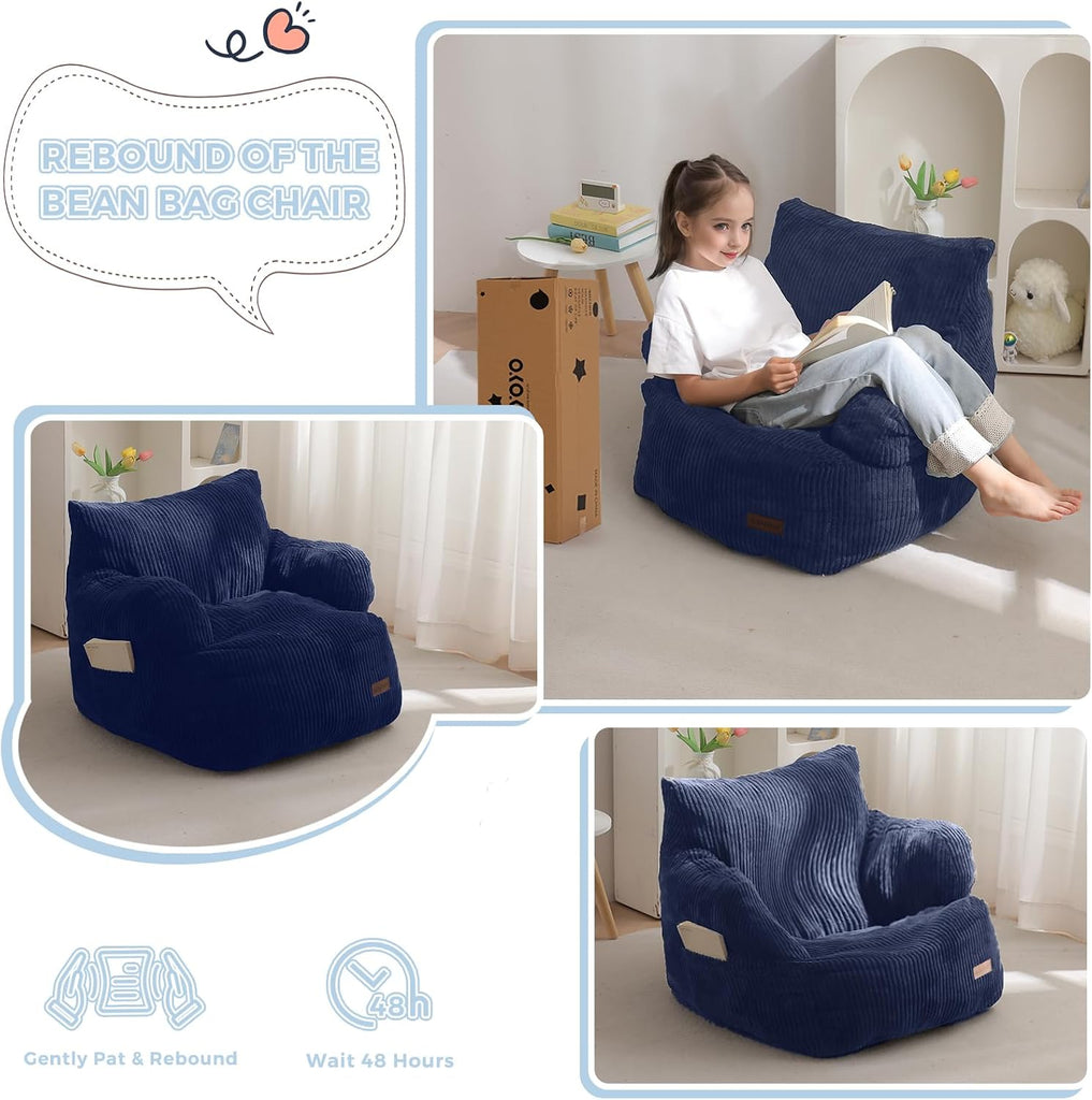 Kids Bean Bag Chair, Stuffed Bean Bag Sofa, Navy, Standard