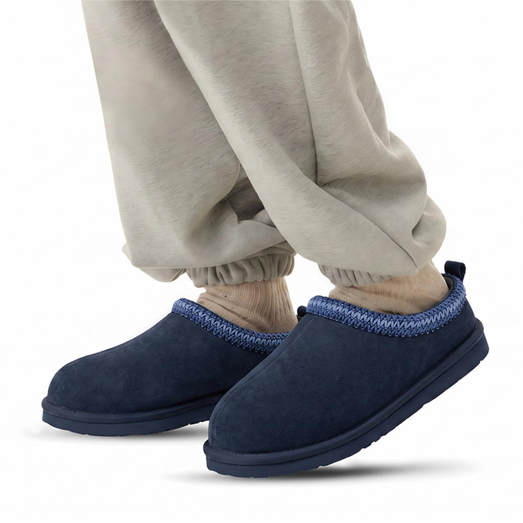 Mens Slippers Genuine Leather Winter Comfy Memory Foam, Navy 7