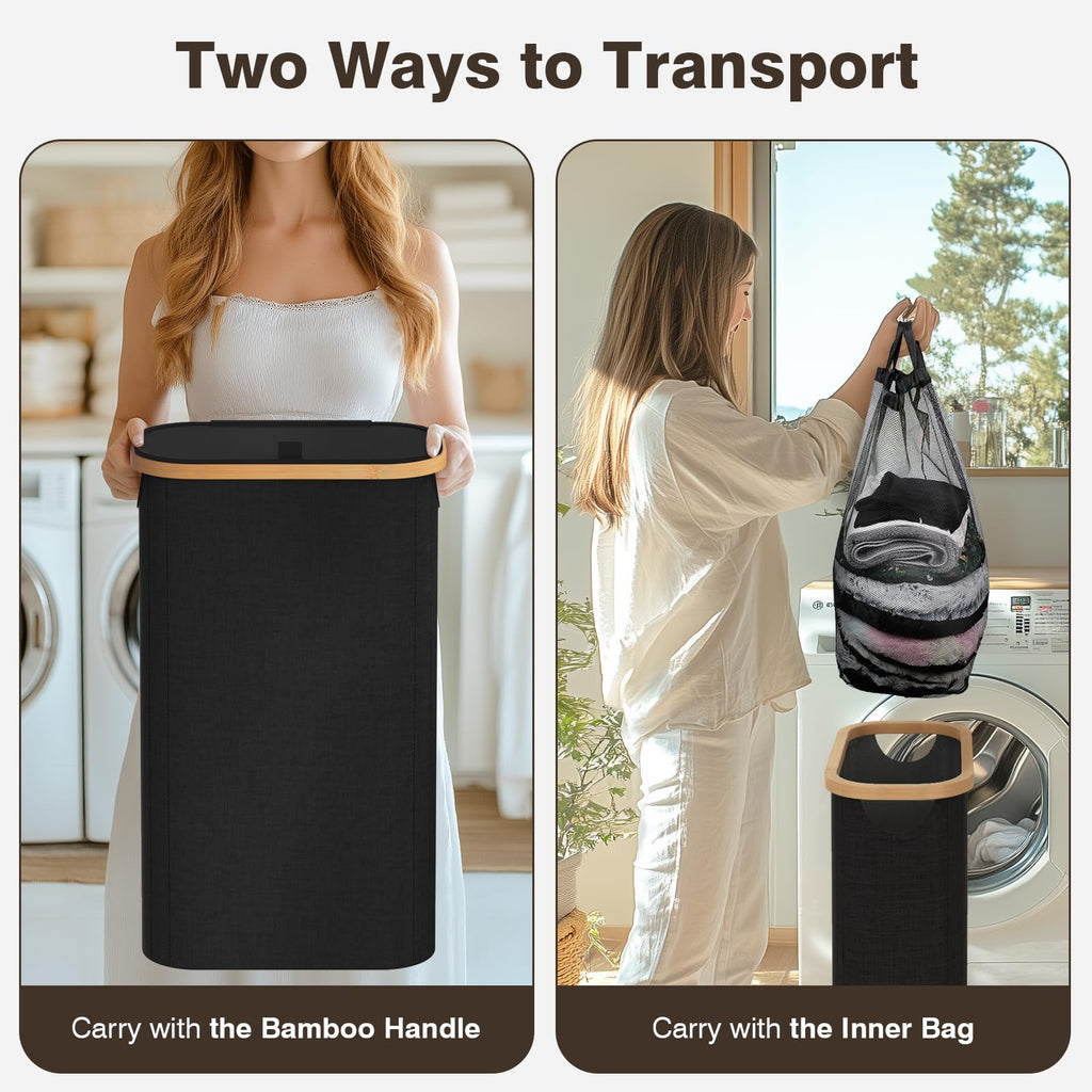 Slim Laundry Hamper with Lid, 75L Small Laundry Basket, Black