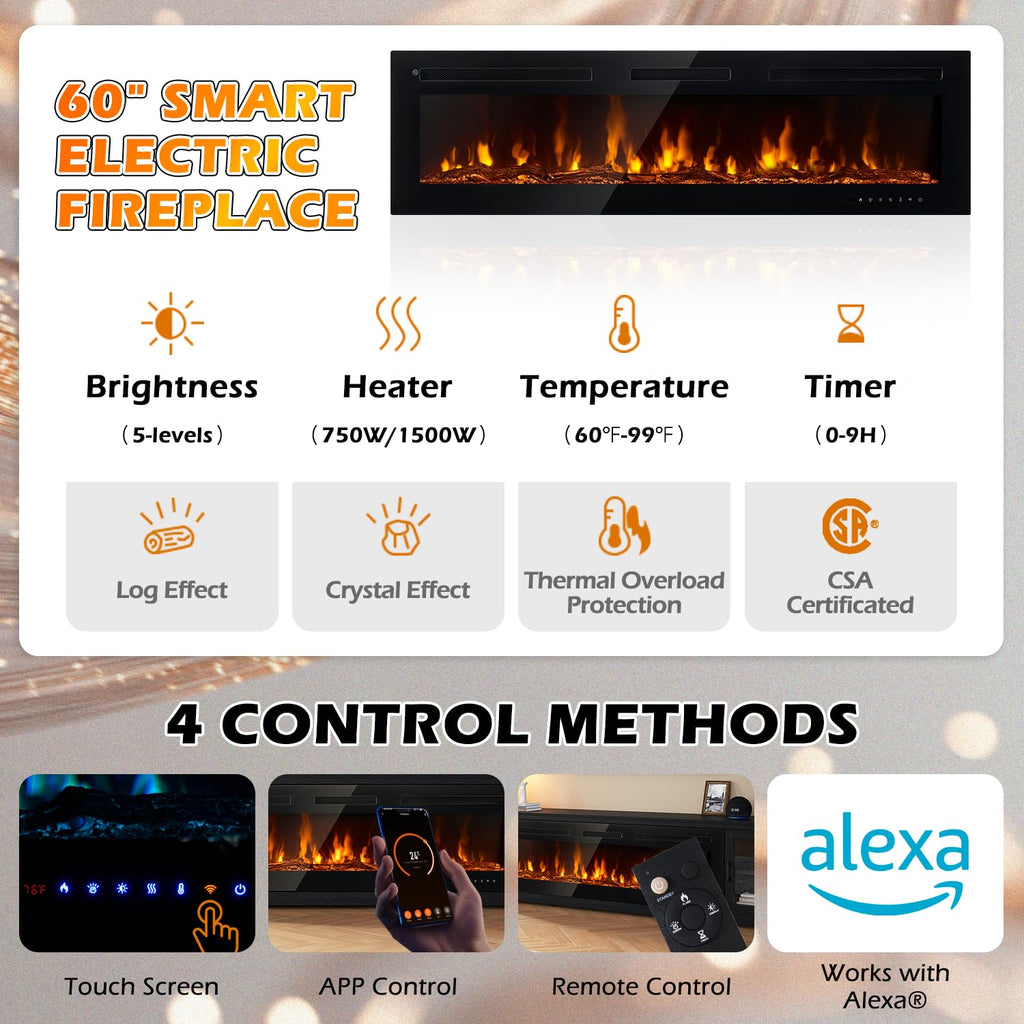 90", 60 Inch Smart Fireplace & Modern Entertainment Center, Fire Place TV Console with WI-FI Enabled for TVs Up to
