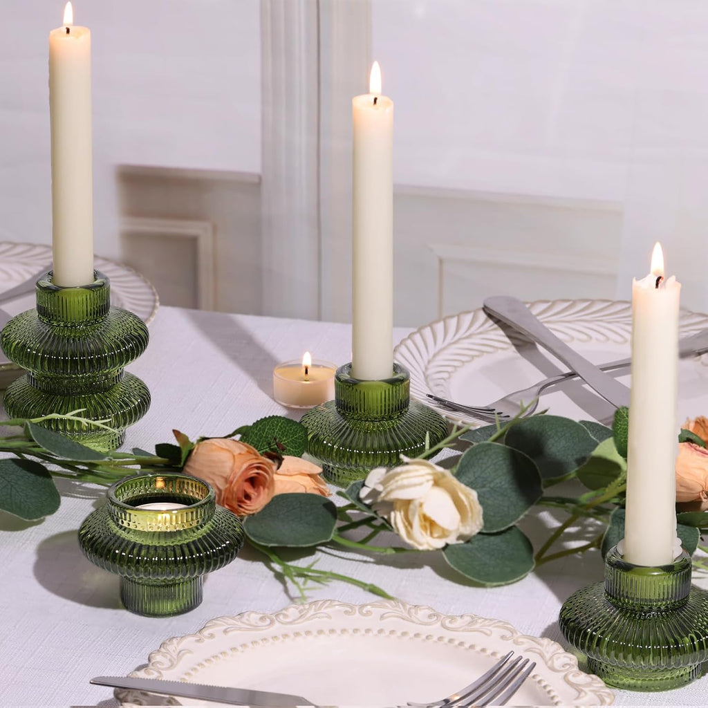 Green Taper Candle Holders Set of 10 for Taper Candles/Tea Lights, Ribbed Glass Candlestick Holders for Boho Wedding