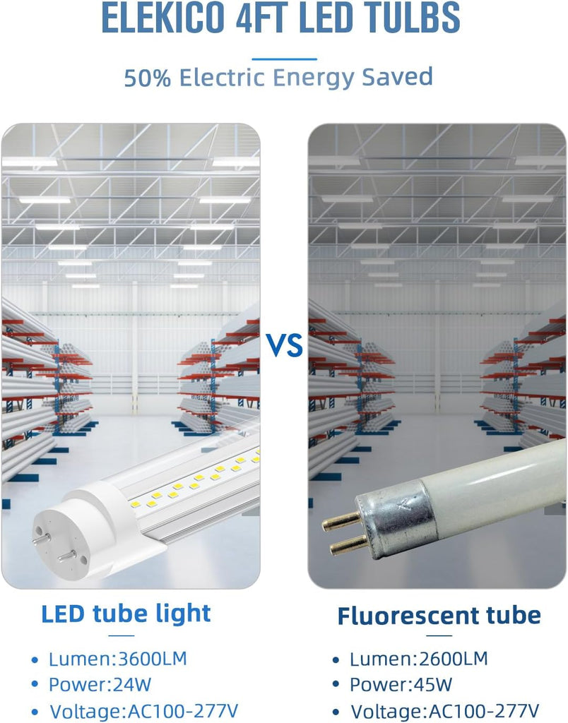 T8 Led Bulbs 4 Foot, 24W 3600LM 6500K Daylight 4' T8 Led Light Bulbs, Ballast Bypass, G13 Base Type B