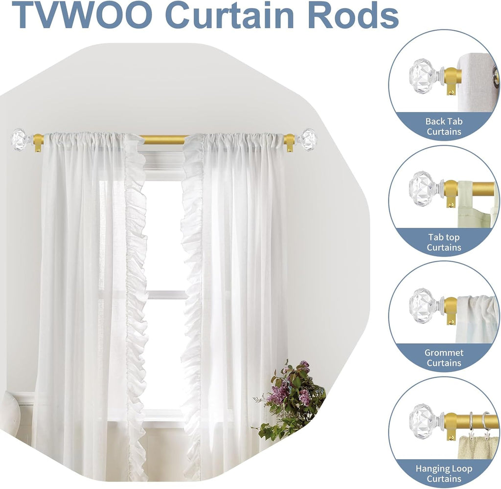 Gold Decorative Crystal Curtain Rods:36-88 Inch Heavy Duty Adjustable Window Curtain Rods for Bedroom Living Room