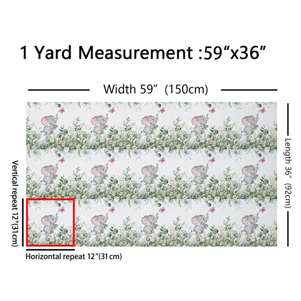 Kawaii Elephant Decorative Fabric by the Yard, Cartoon Elephant Upholstery Fabric, Pink Butterfly Fabric by the