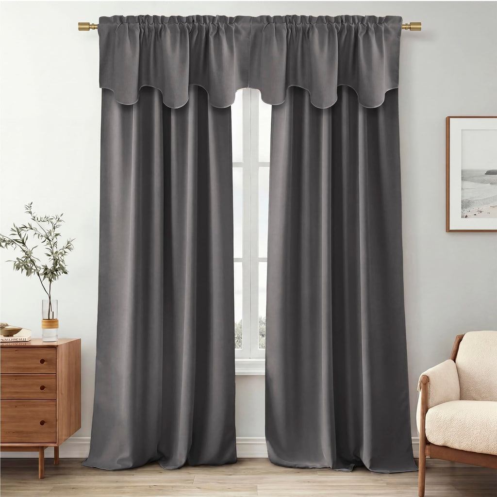 Grey Valances for Window Farmhouse Scalloped Pole Pocket Curtains