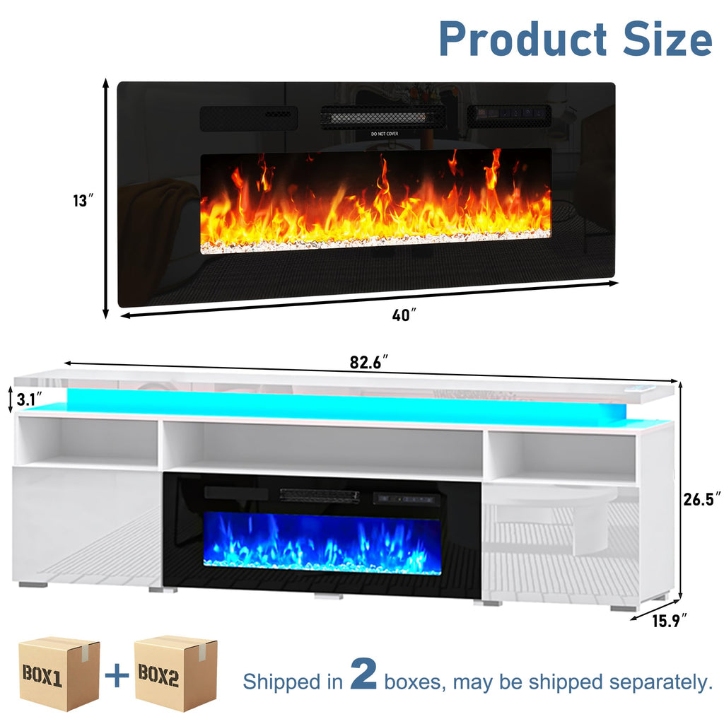 82.6" Fireplace TV Stand w/40 Electric Fireplace for 95in TVs, 26.5" Tall High Gloss Entertainment Center
