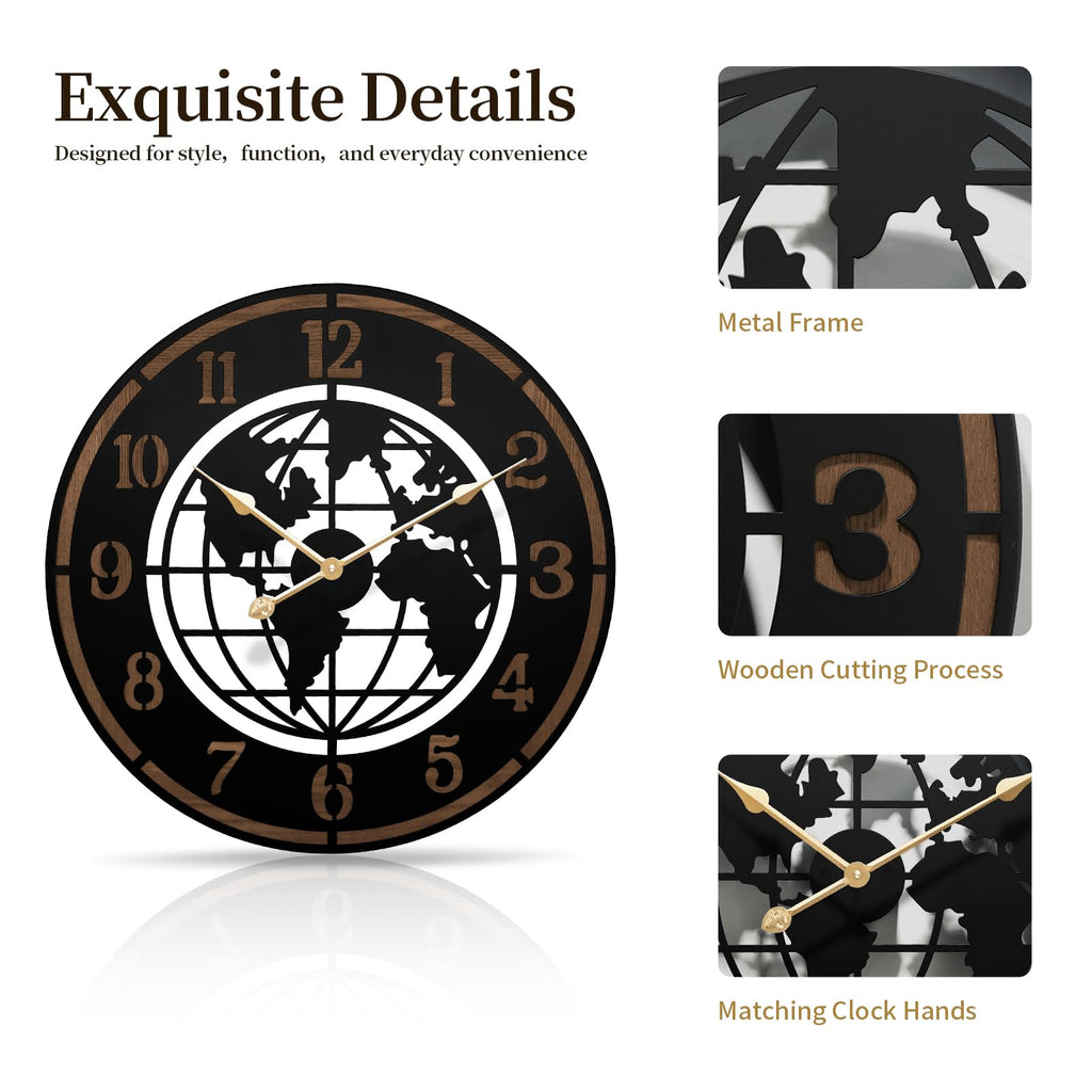 Large World Map Wall Clock, 32" Wooden Minimalist Modern Clock