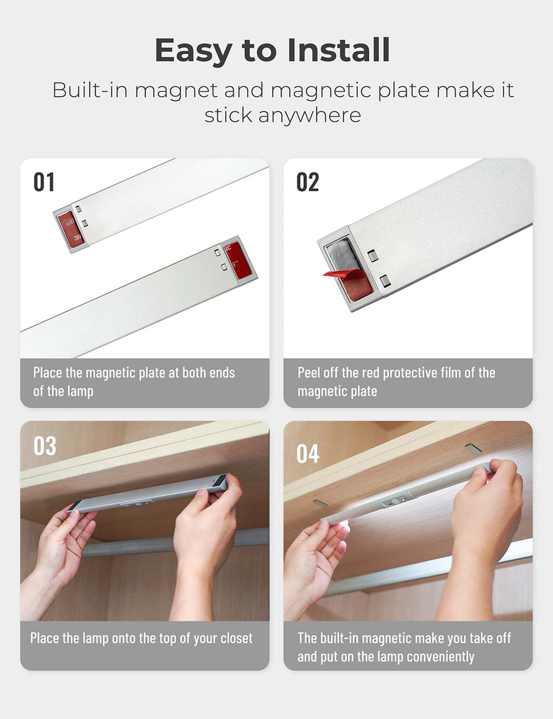 3 Pack Automatic Motion Sensor Closet Lights with Eye-Protection Design, LED Under Cabinet Wireless Lighting