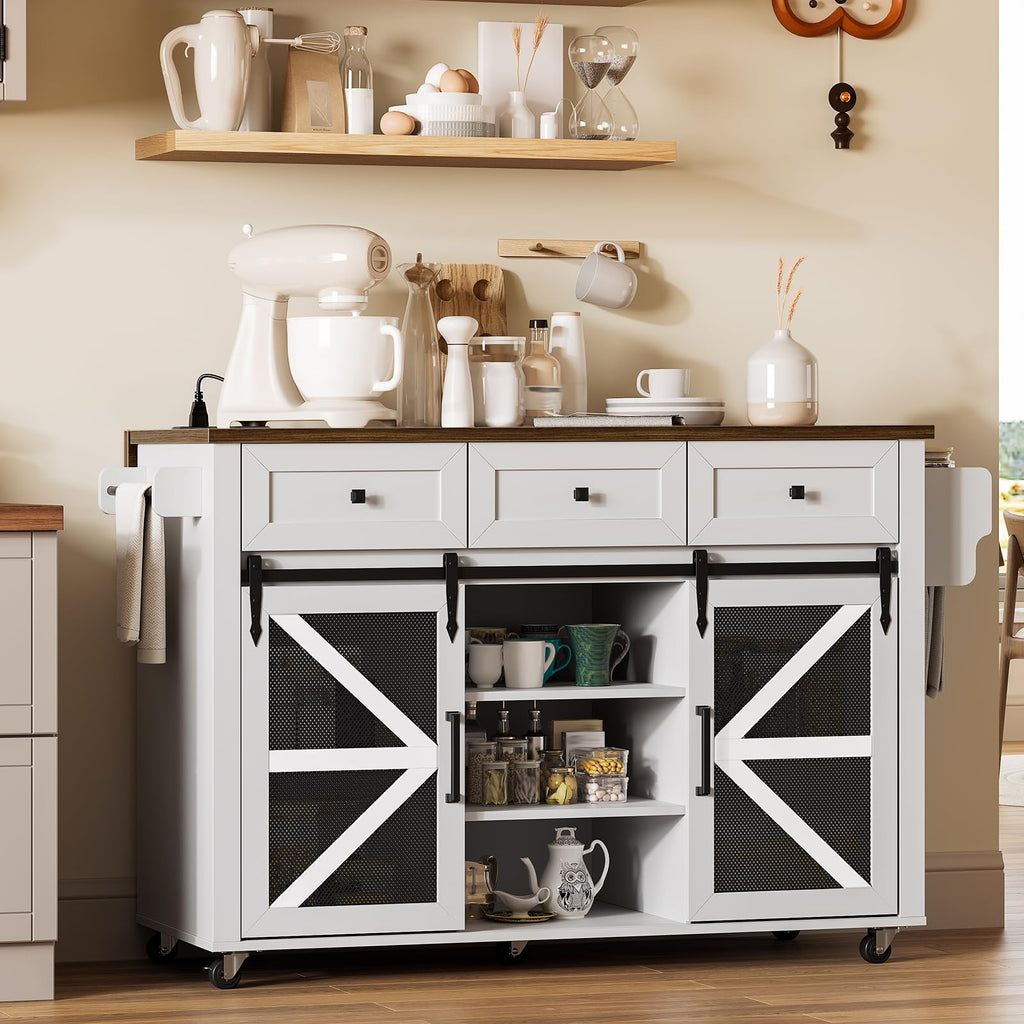 Kitchen Island with Storage, 55" Kitchen Cart with Charging Station, Rolling Kitchen Island Table with Drop-Leaf, 3