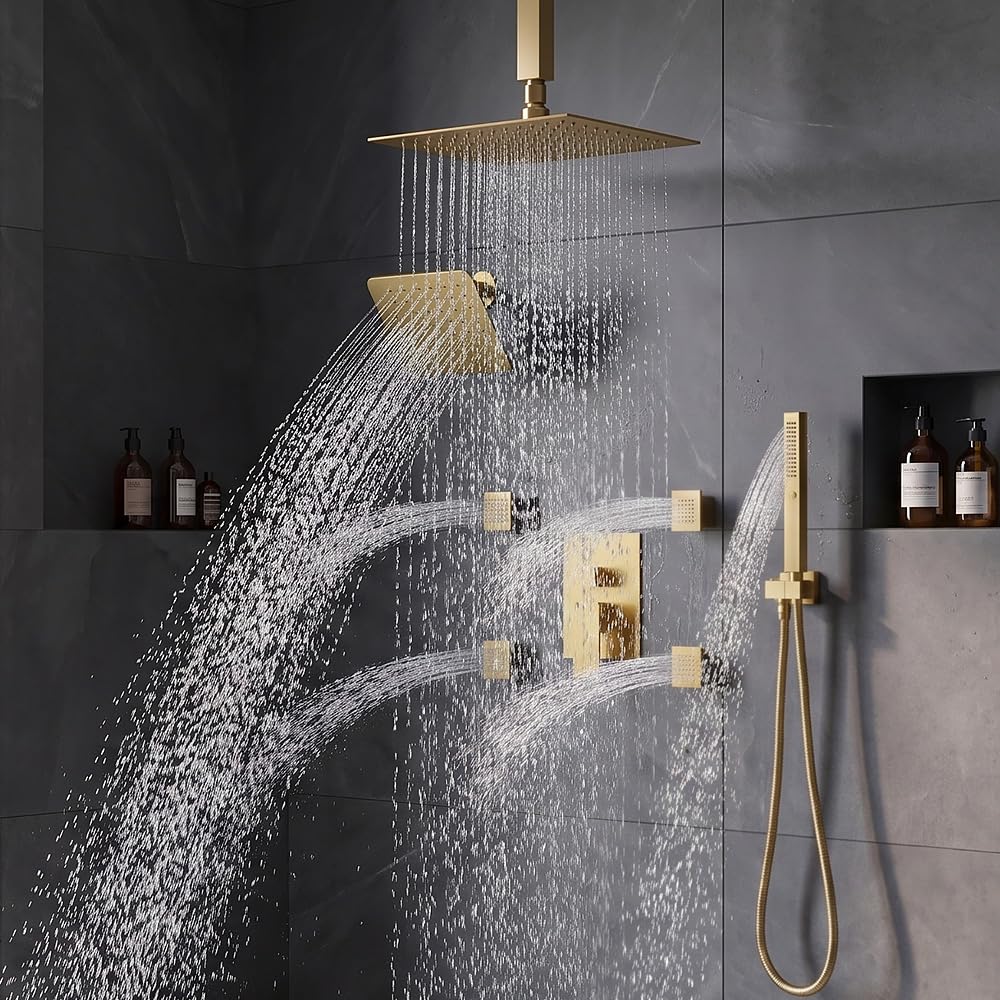 Shower System with Body Jets, 4 Way Shower Faucet with 2 in1 Handheld, Ceiling Mount 10 Inch Shower Head and 6 Inch