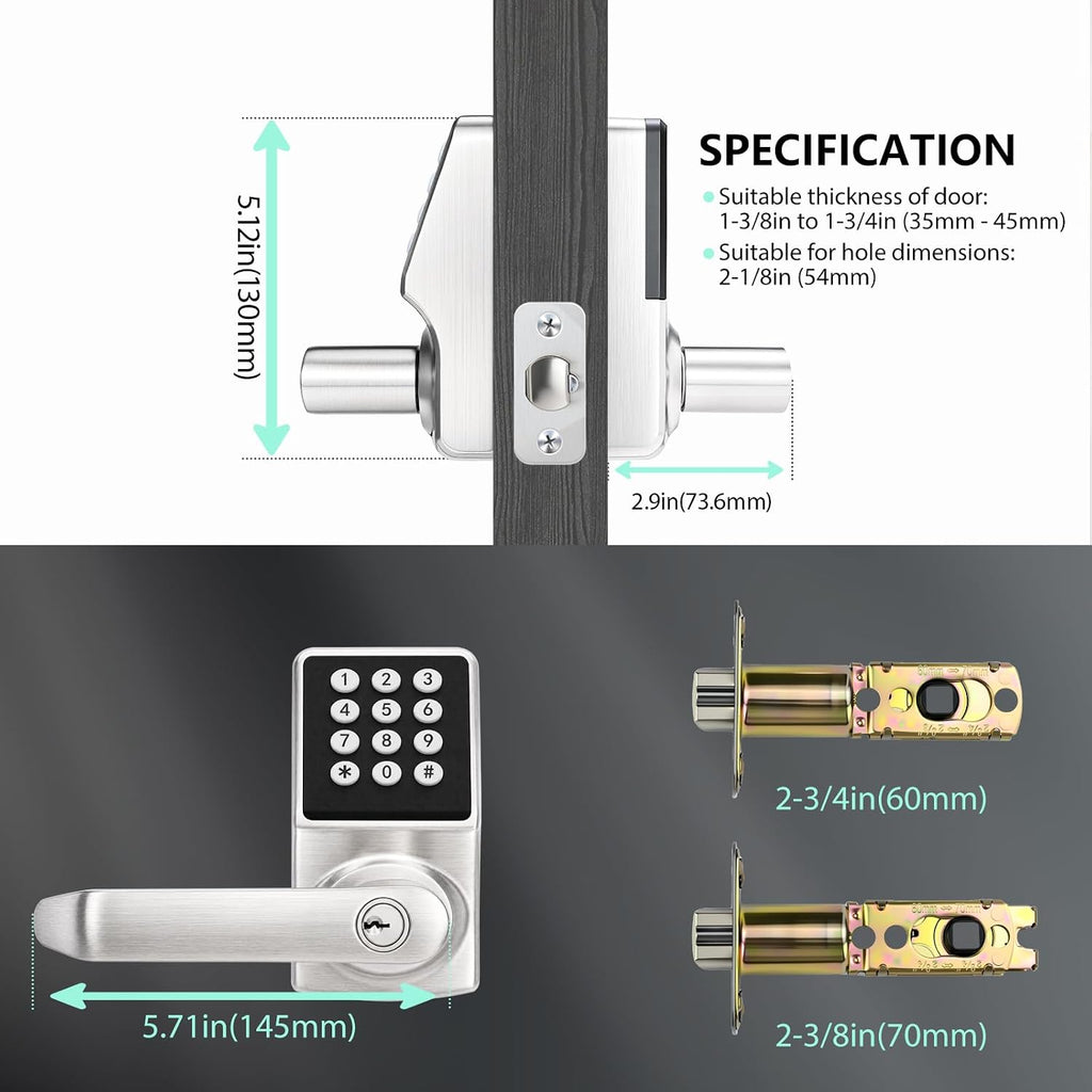 Keypad Door Knob with Handle - Keyless Entry Door Lock with Keypad, Electronic Door Knob with IC Card & Key, Satin