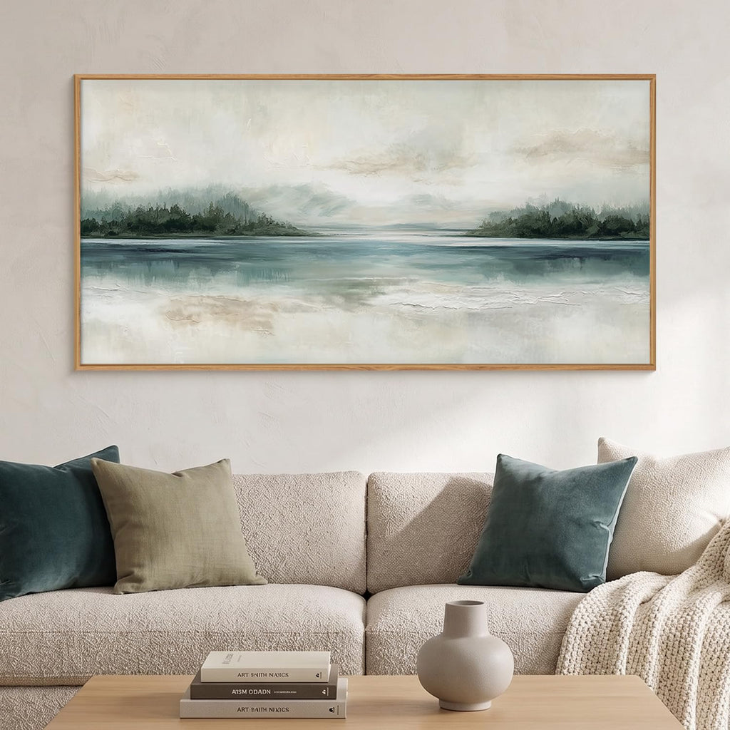 Abstract Sage Green Beige Landscape Framed Canvas Wall Art Set, Watercolor Pastel Mirror Lake Mountain Wall Decor