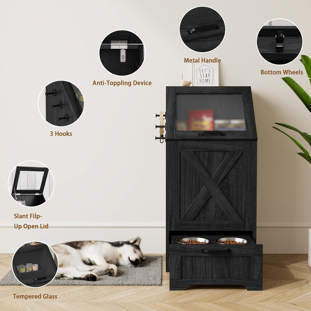 Dog Feeding Station with Storage Cabinet & 2 Elevated Bowls, Black