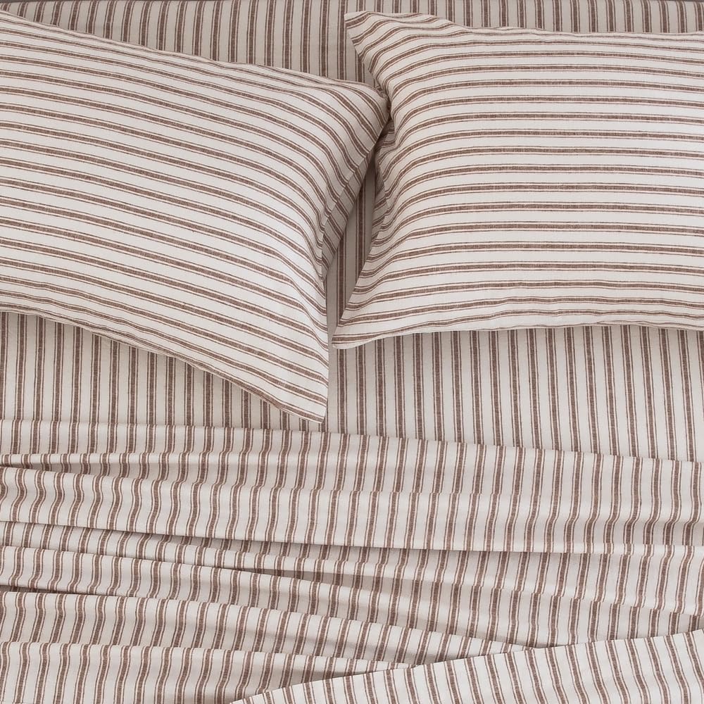 King Size Linen Blend Sheets Set, 55% Linen 45% Cotton Bedding Sets, Bedlinen Up to 16" Deep, Striped Tobacco Brown