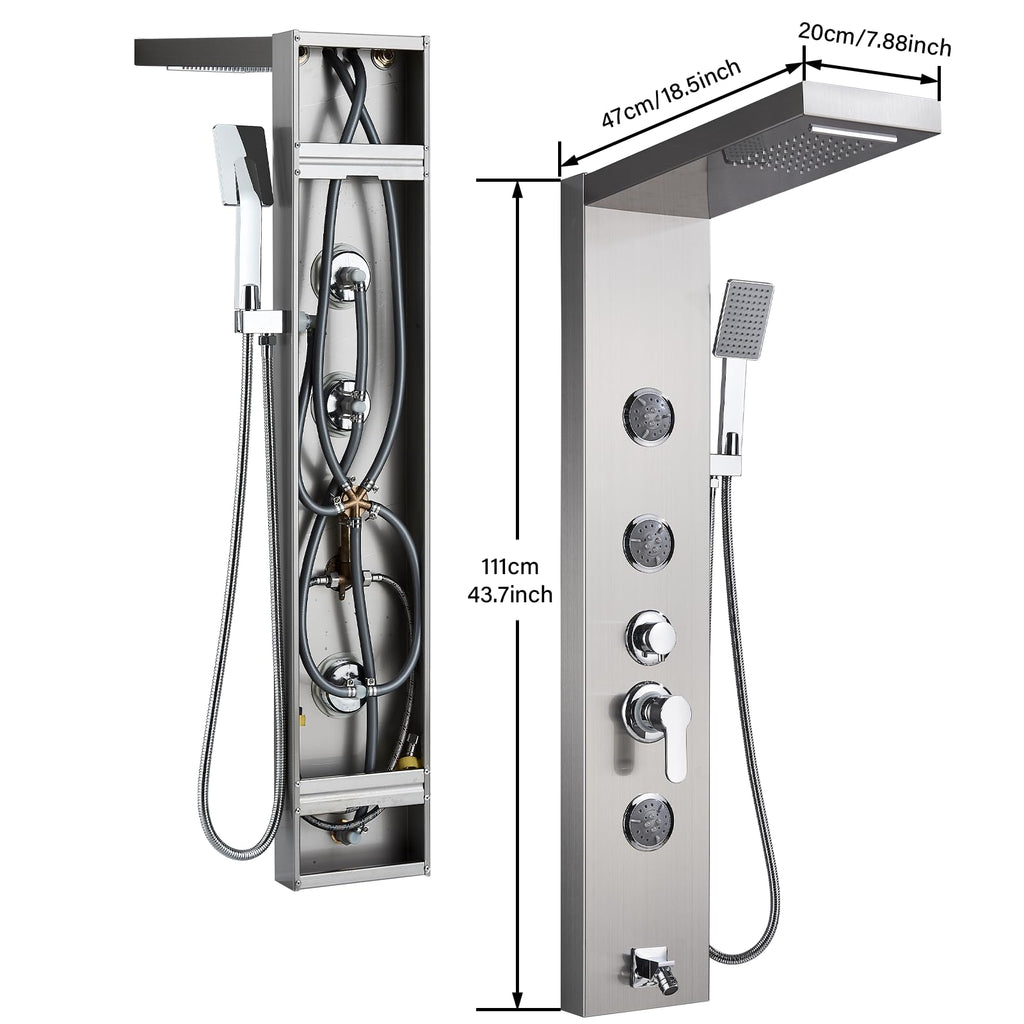Shower Panel Massage Jets Rainfall Waterfall Shower Head, Shower Stainless Steel Wall Mount Massage Multi-Function