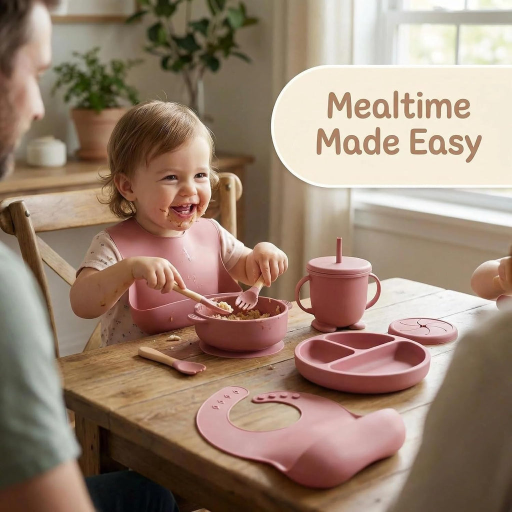 Feeding Set with Suction Bowls, Divided Plate, Adjustable Bib, Wooden Handle Utensils, Training Cup, Piece Weaning