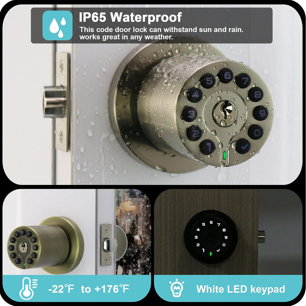 Waterproof Electronic Door Knob with Keypad and Key, Auto Lock, Satin Nickel, 50 Codes, Easy to use and install