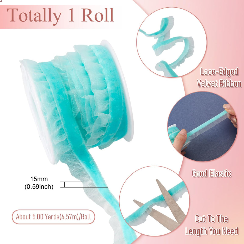 1 Roll Velvet Ruffle Lace Trims 5/8 inch Turquoise Elastic Lace Ribbons 6 Yards Pleated Velvet Organza Ribbon for