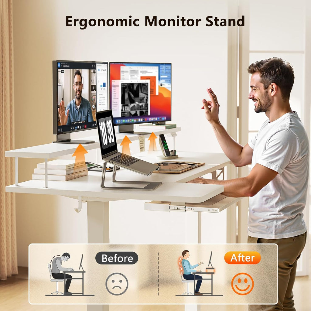 55 Inch U Shaped Electric Standing Desk with Keyboard Tray, White | 3 Outlets & 2 USB Ports, Dual-Monitor Stand, 10