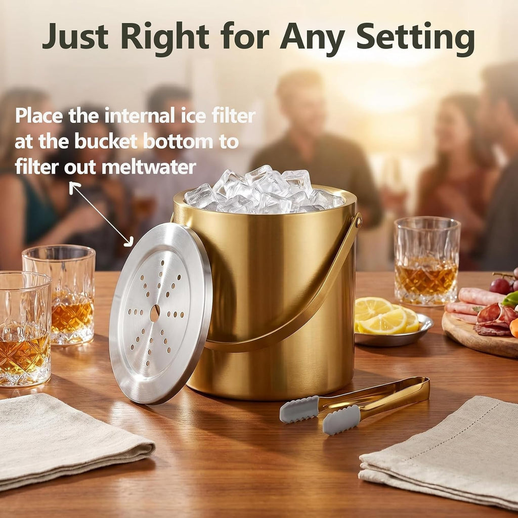 3L Gold Ice Bucket with Lid & Tong, Double Wall Wine Chiller