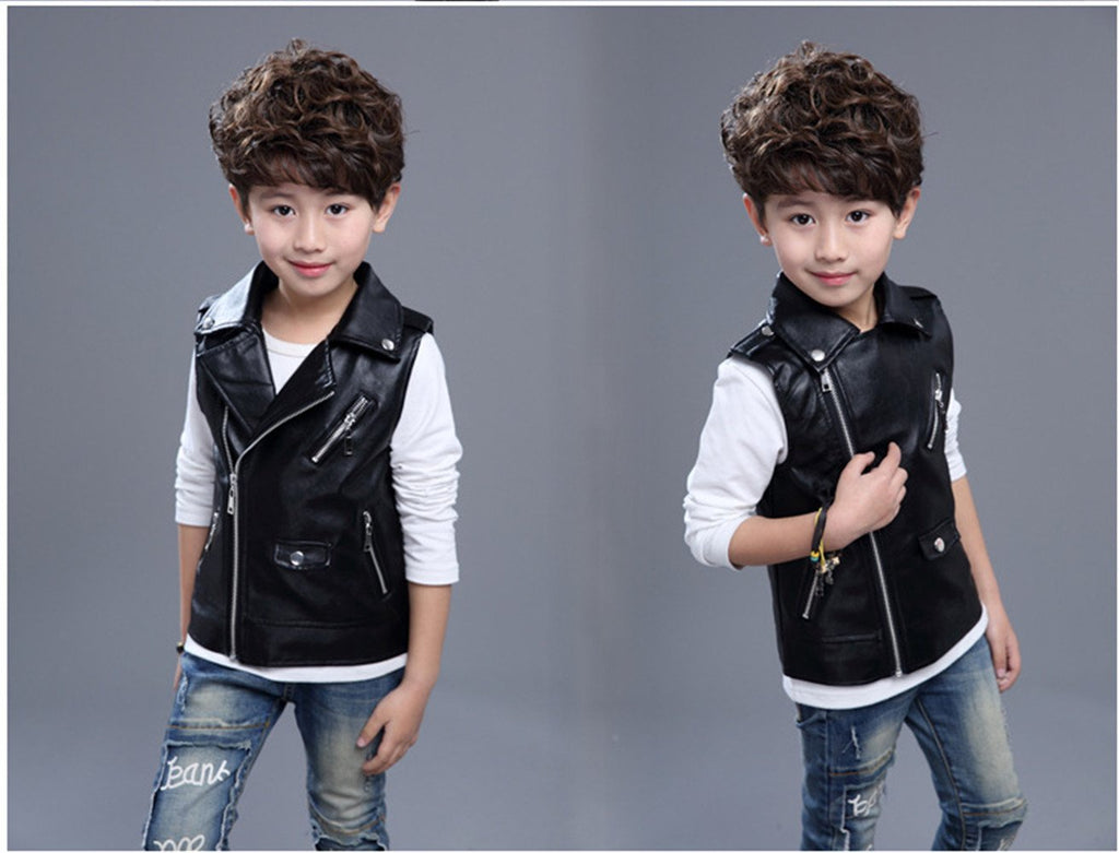 Kids Faux Leather Motorcycle Vest Sleeveless Biker Coat Black