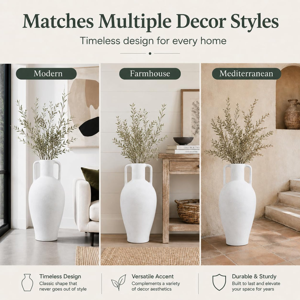 20.5in Ceramic Floor Vase with Handles | Hand-Painted Glaze Craft, Pure White Finish, Light Black Speckled Accents