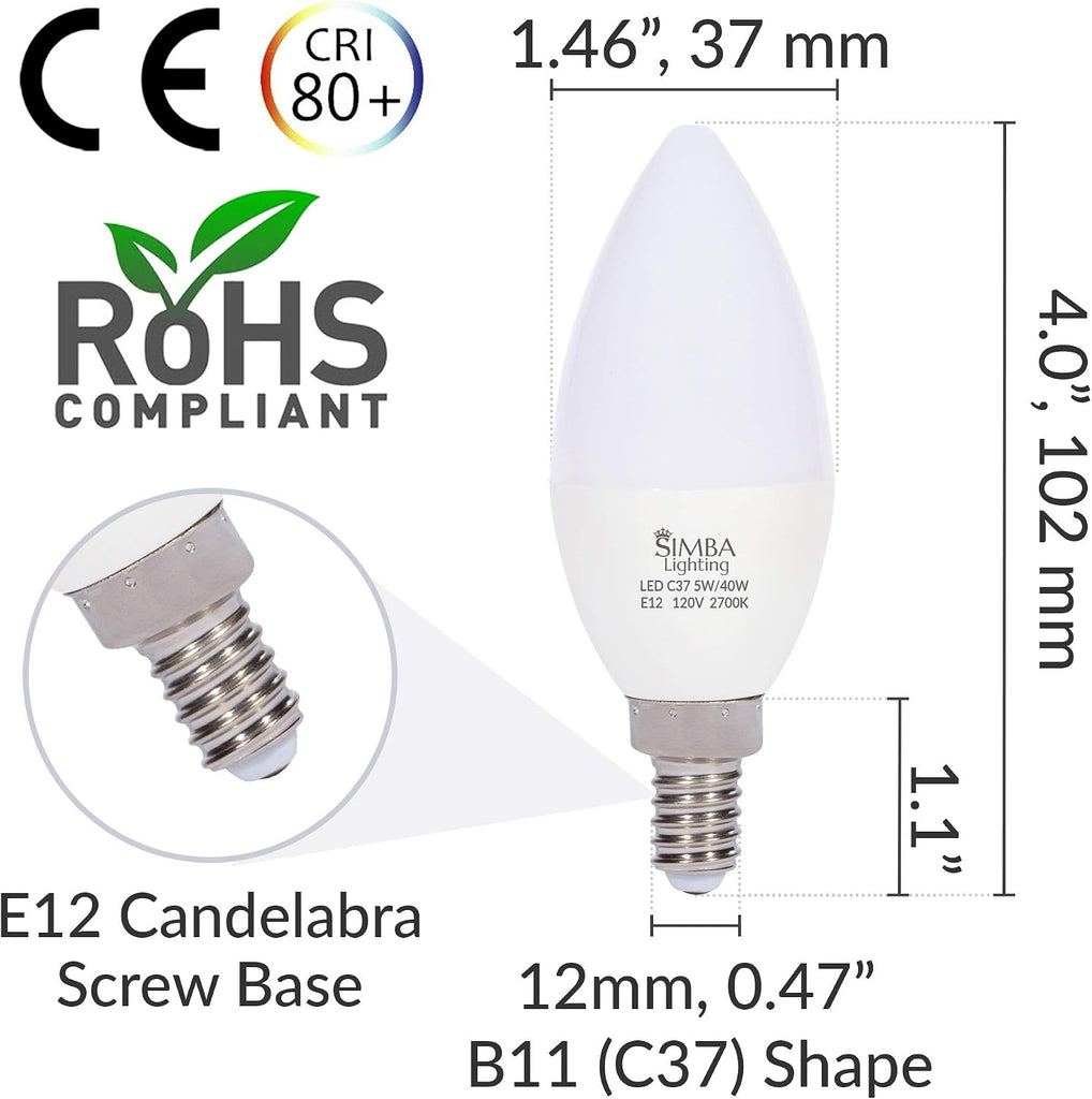 LED B11 C37 5W Candelabra Light Bulb E12 Base, 2700K, 6 Pack