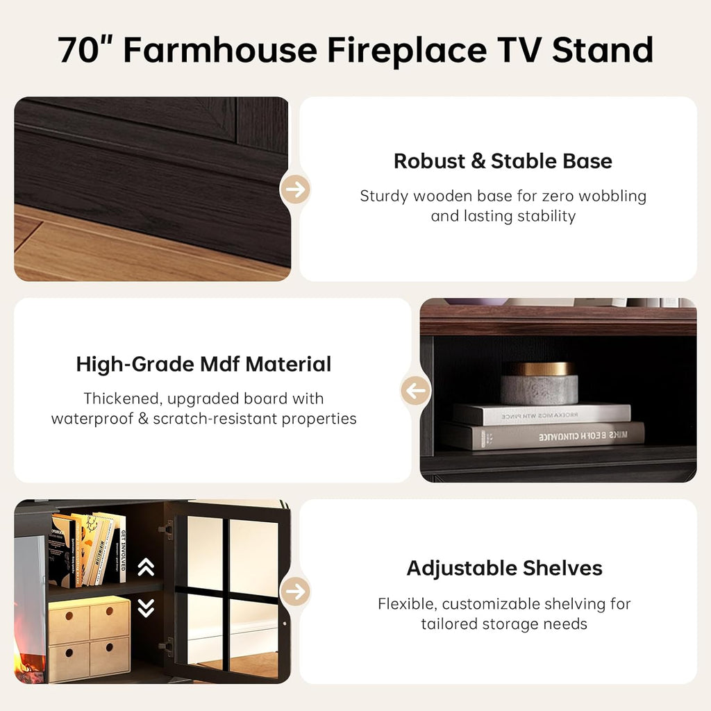 70" Fireplace TV Stand, 3 Sided Glass Modern Entertainment Center for TVs Up to 80", TV Console with Storage