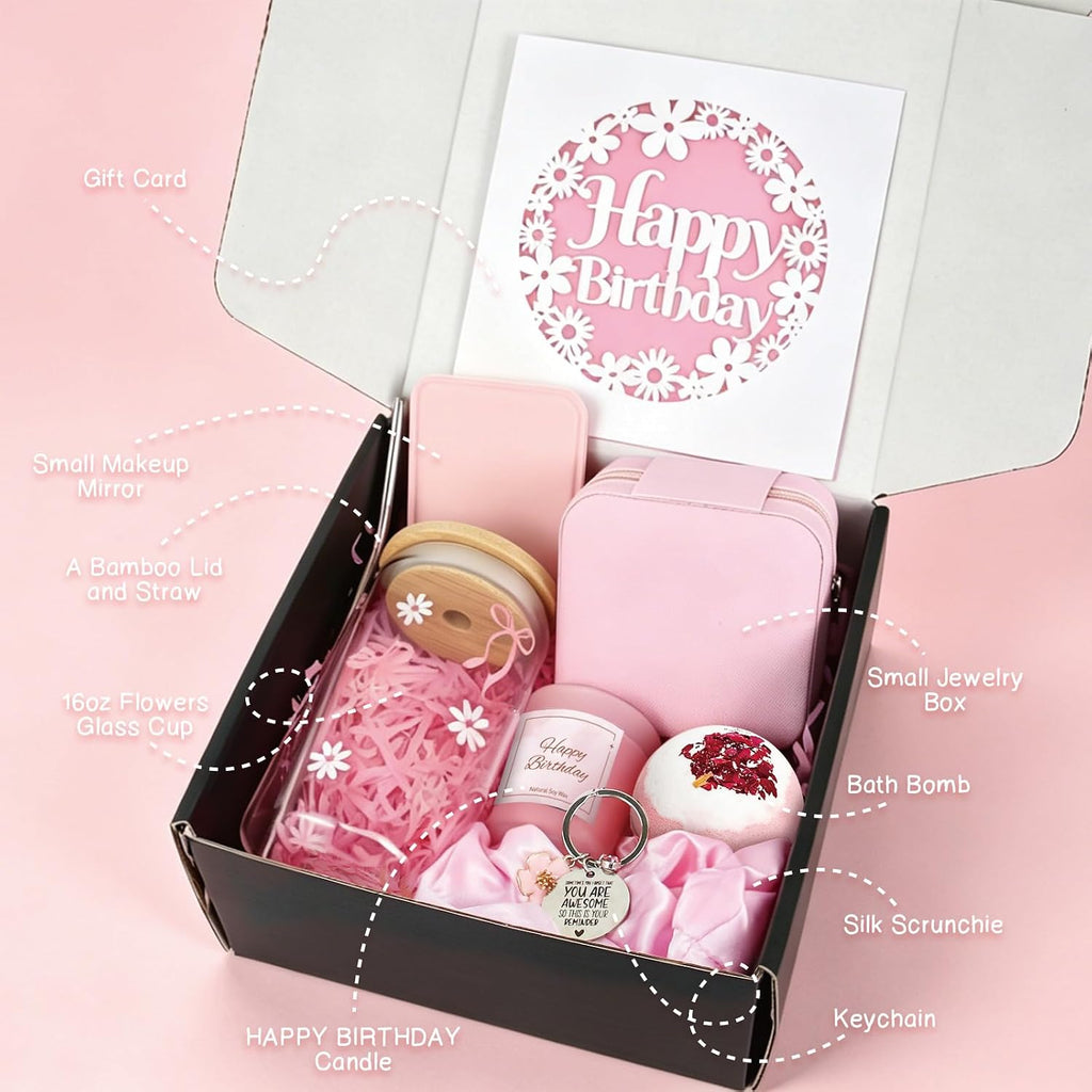 Happy Birthday Gift Box for Women - Relaxing Spa Basket for Best Friend, Mom, Coworker - Unique Gift Set with Pink - Set of 10
