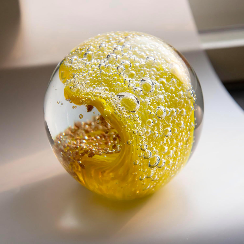 Hand-Blown Glass Ocean Wave Paperweight, 3.15" Solid Art Sculpture, Vibrant Yellow & Gold Nautical Desk Decor