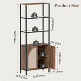 Rattan Bookshelf with Storage, Boho Bookcase with Wicker Doors, 71" Tall Book Shelf with LED Lights, Brown